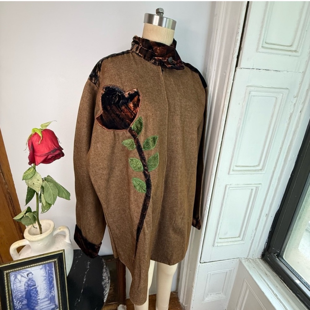 Vintage Raw Denim Brown Half Zip Jacket Velvet Trim Floral Appliqué handmade - Picture 6 of 13